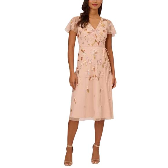 Adrianna Papell Beaded Flutter-Sleeve Tie-Waist Midi Dress Size US 8 - Picture 3 of 12